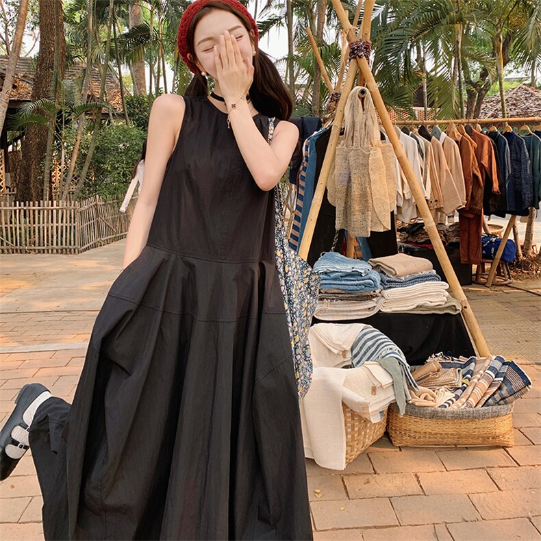 夏季新款高级感简约时尚显瘦背心裙2025女法式休闲无袖圆领连衣裙，女装连衣裙，诺蝶