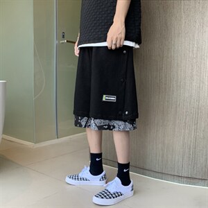 夏季五分裤假两件排扣腰果花短裤男嘻哈高街休闲裤子学生D874-P28