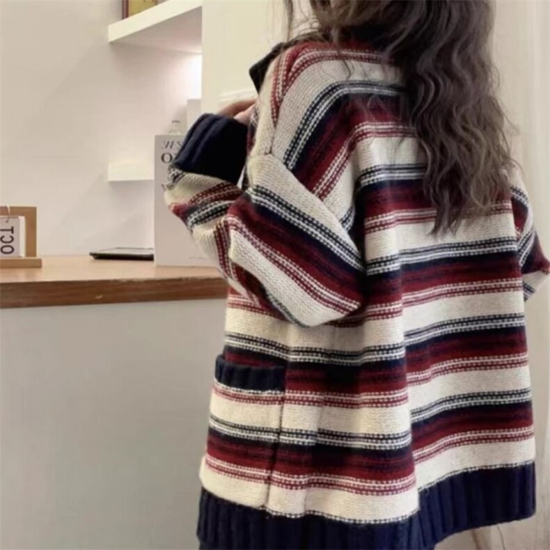 毛衣女新款2024秋冬条纹短款宽松慵懒针织上衣,女装羊毛衫,锦瑟羊绒