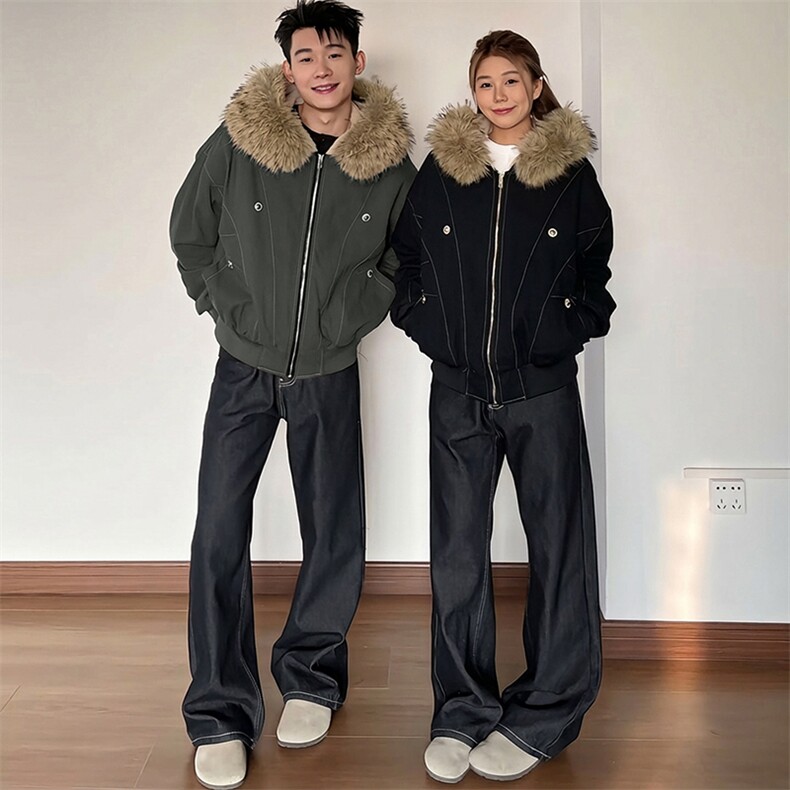 现货重磅boxy短款棉衣座山雕大毛毛领男女棉服水洗工装厚外套,男装棉衣,电商A486