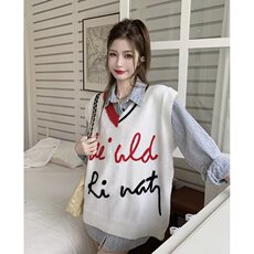 美式线条字母针织马甲女2025春秋季新款宽松韩版外穿马夹无袖上衣，男装背心/马甲，星座1210-1
