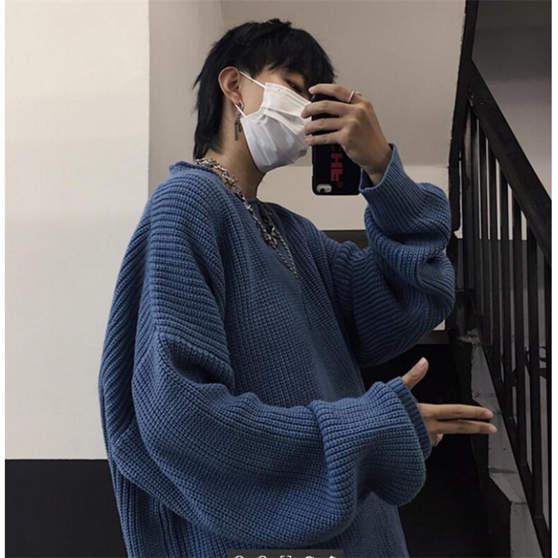 港风新款圆领毛衣男女韩版宽松潮流情侣休闲套头打底针织衫M803图片