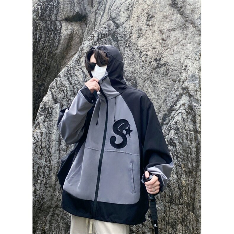 春秋冬款工装连帽夹克潮流拼色宽松百搭户外冲锋衣外套Z211-P65,男装夹克,星座1007（原301D）