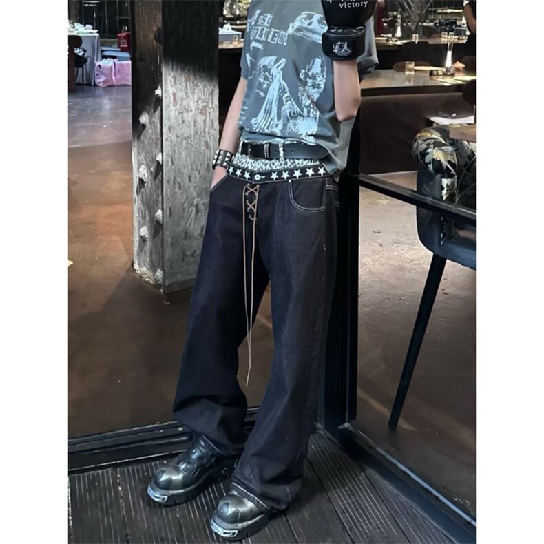 原创小众双腰原牛弯刀牛仔裤叠堆设计感显高,男装牛仔裤,四季星座505
