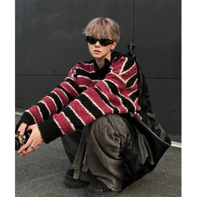 706-1-MY829-P85秋季美式宽松条纹破洞毛衣情侣撞色针织衫外套,男装针织衫/毛衣,星座706-1