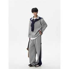 5XL-M潮流高级感披肩撞色拼接翻领百搭卫衣宽松弯刀长裤TZ113P118，男装休闲套装，电商D206-1