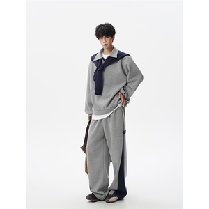 5XL-M潮流高级感披肩撞色拼接翻领百搭卫衣宽松弯刀长裤TZ113P118图片