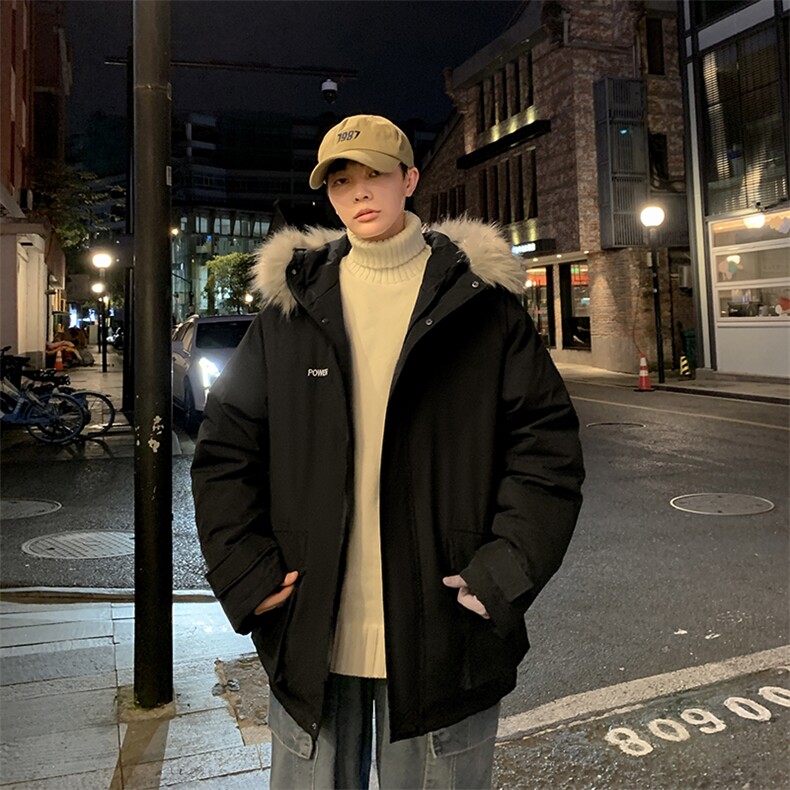 大码潮牌刺绣连帽大毛领加厚大口袋羽绒服情侣学生外套短款贴牌图片