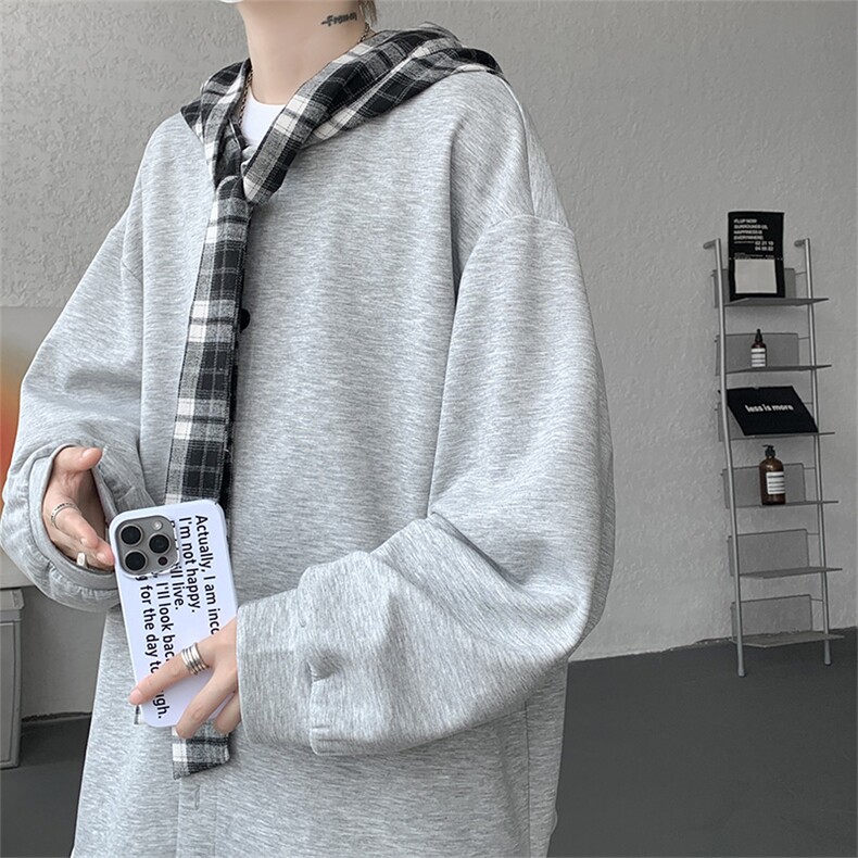 WY10143-特p49控88设计感高质感大帽子连帽格子撞色大码卫衣男,男装卫衣,电商A059