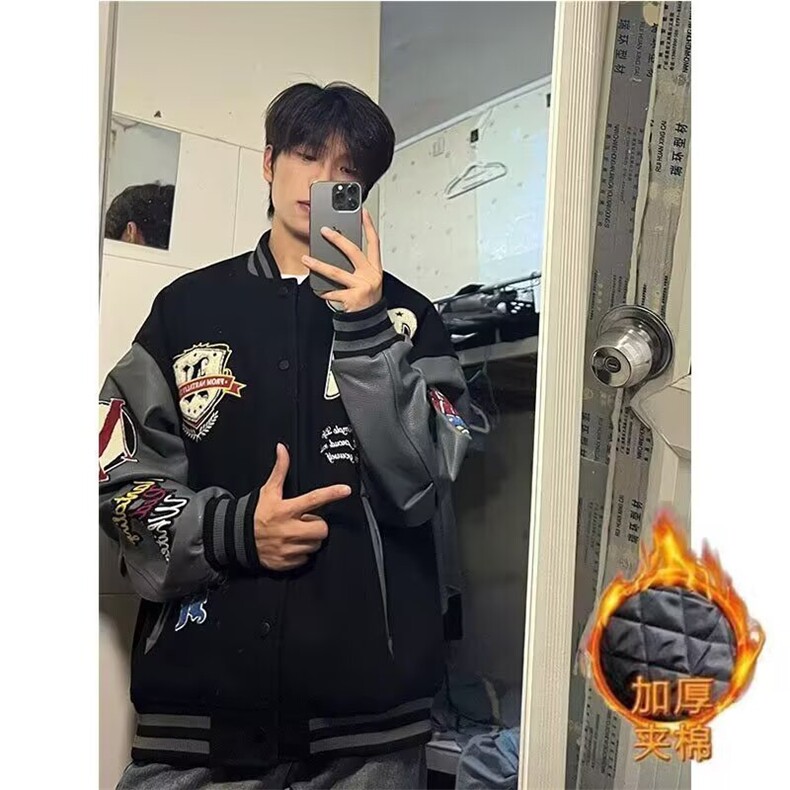 潮牌字母龙凤尼拼皮棒球服外套男女秋冬季复古宽松潮流情侣夹克,男装夹克,星座715-4