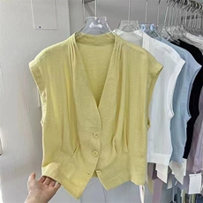 2025法式V领亚麻无袖衬衫女上衣，女装衬衫，翩雅女装供货