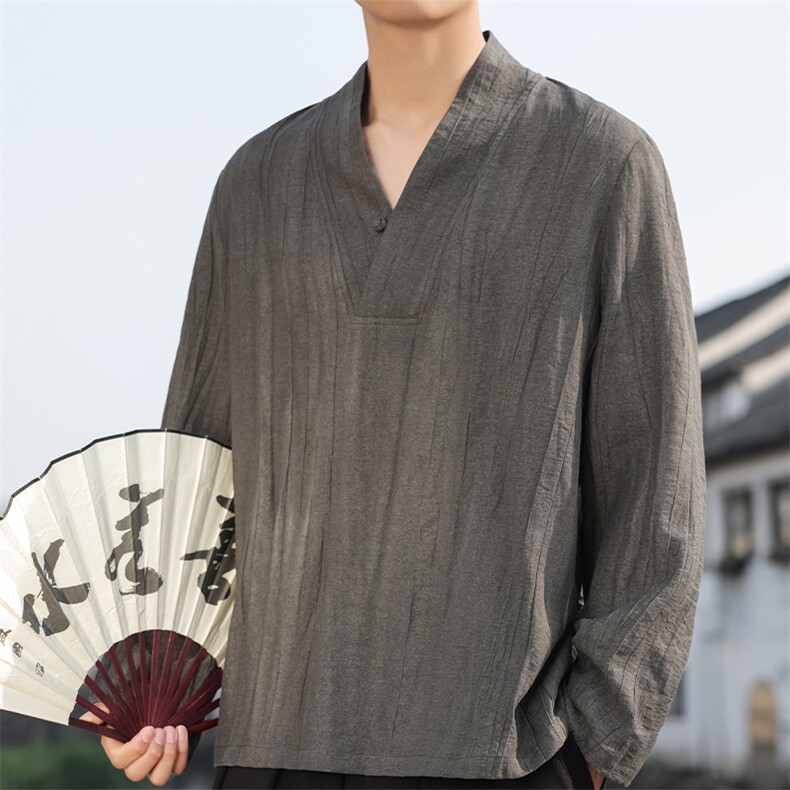 2026春夏棉麻男装风亚麻衬衣新中式V领盘扣衬衫唐装C176-P65,男装衬衫,电商B277(原6028)