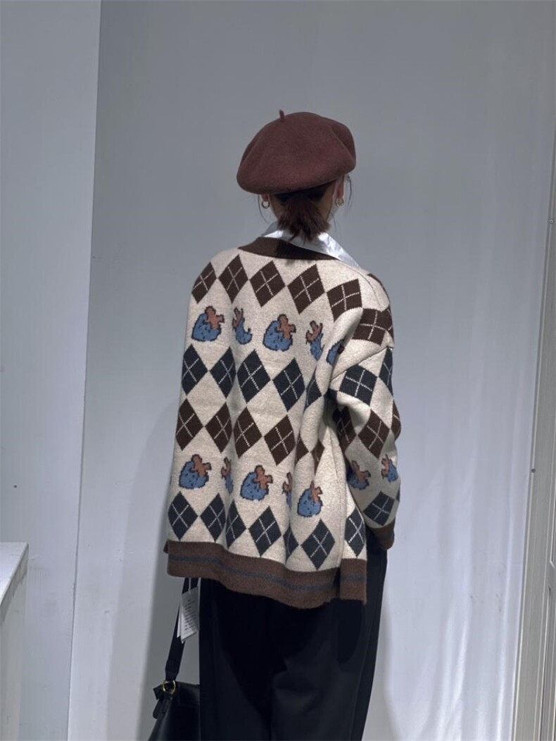 菱形格毛衣开衫，女装针织衫/毛衣，驿谷