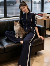 欧货时尚休闲运动套装修身显瘦女秋季新款立领拉链卫衣长裤两件套，女装套装/套裙，江南