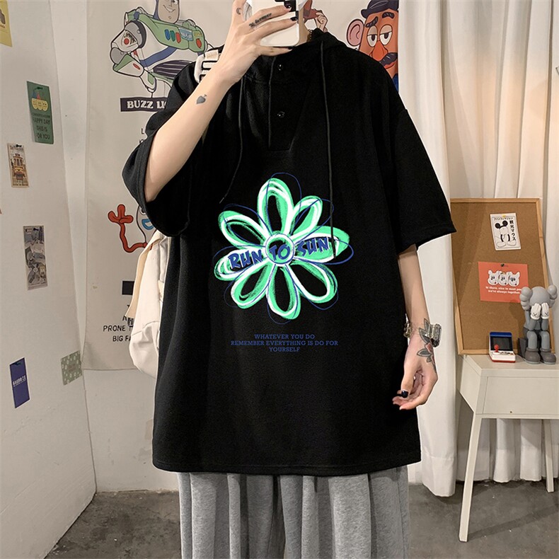 LD54170-P45连帽短袖t恤男大码胖子带帽五分袖中袖海报风,男装T恤,电商A040