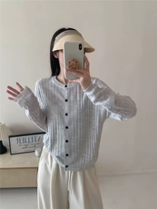 复古混色单排扣精纺羊毛时尚简约长袖开衫，女装T恤，艾米娇羊绒
