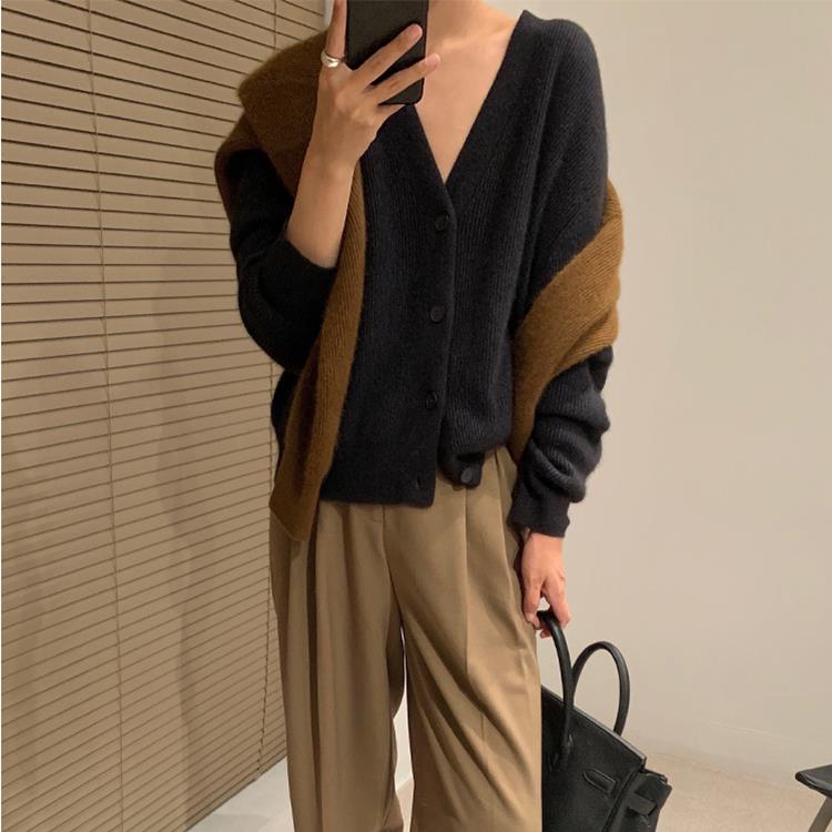 2024春秋新款宽松V领外搭长袖毛衣针织开衫女纯色上衣,女装羊毛衫,恩泰羊绒