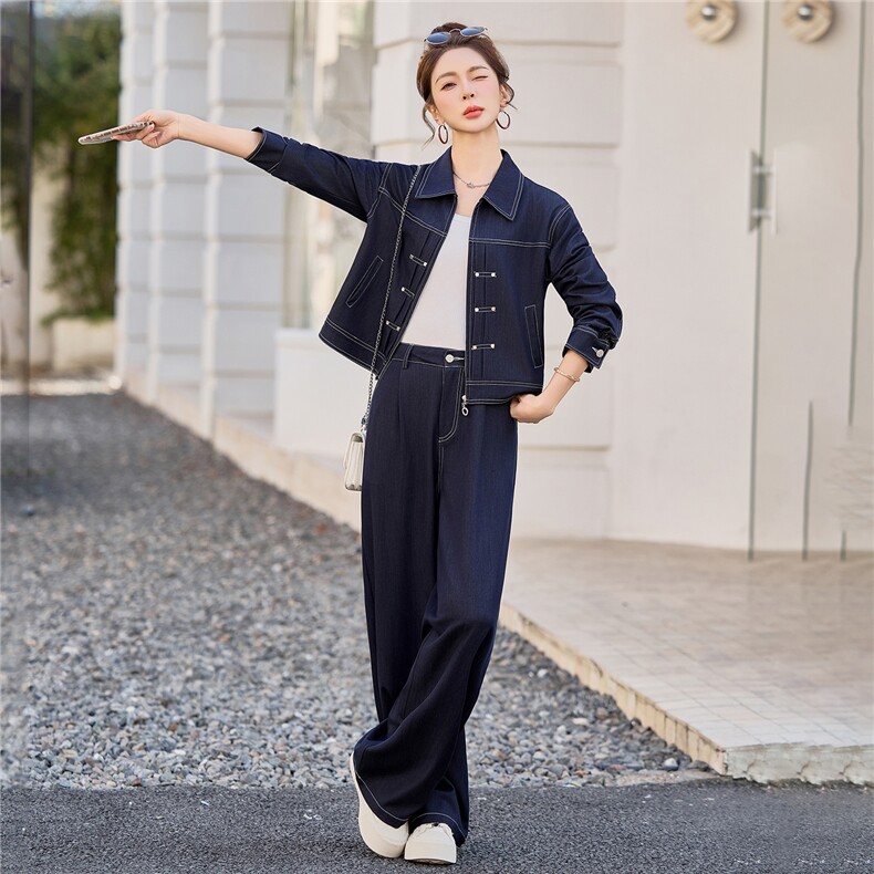 （新款现货）2026春装时尚休闲拉链天丝牛仔阔腿裤套装（两件套）,女装套装/套裙,印象茜