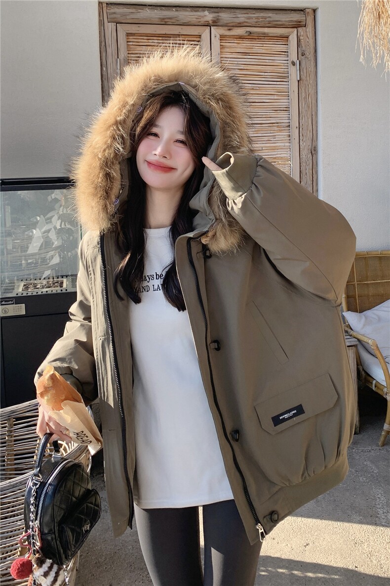 韩版大毛领连帽工装白鸭绒羽绒派克服女冬新款小个子休闲加厚外套,女装羽绒服,2C218