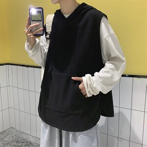 秋冬港风针织背心宽松休闲慵懒风毛线连帽马甲情侣学生H204/P50，男装背心/马甲，钱塘713