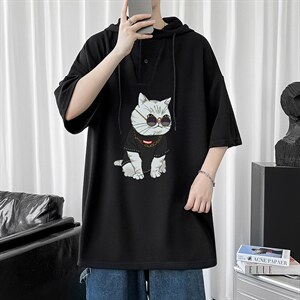LD54044-P45 连帽短袖t恤男大码胖子带帽五分袖中袖图片