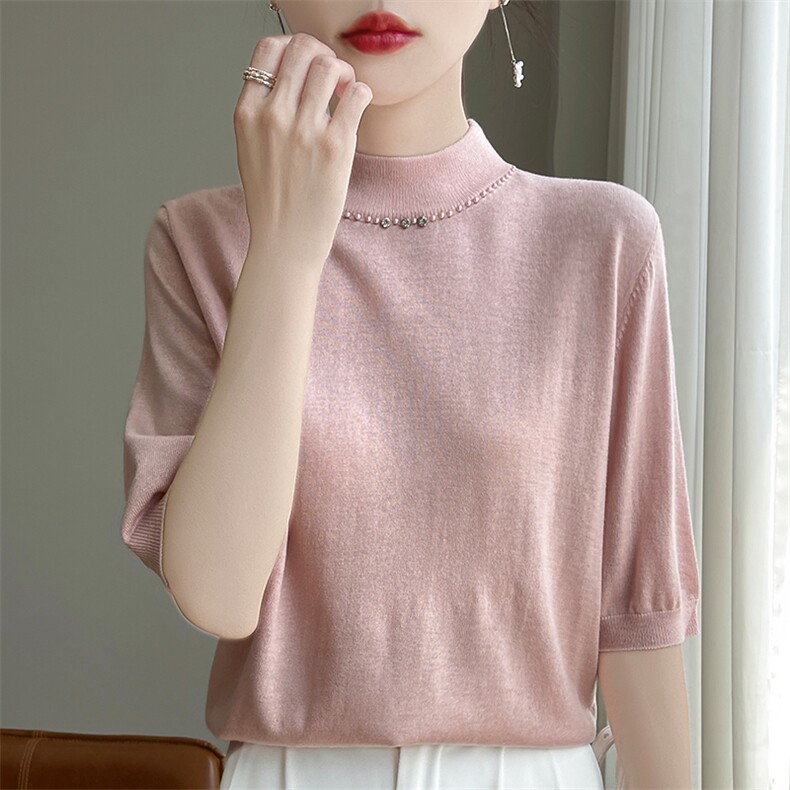 五分袖半高圆领纯色套头钉珠显瘦秋季针织衫，女装羊毛衫，暖圣羊羊绒