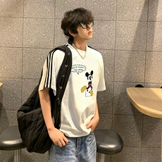 抖音得物高品质二开240克宽松纯棉美式潮牌三条杠织带短袖T恤，男装T恤，电商A486-1