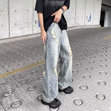 牛仔裤男夏季薄款美式高街破洞直筒裤子潮牌百搭宽松休闲长裤，男装牛仔裤，星座716-3