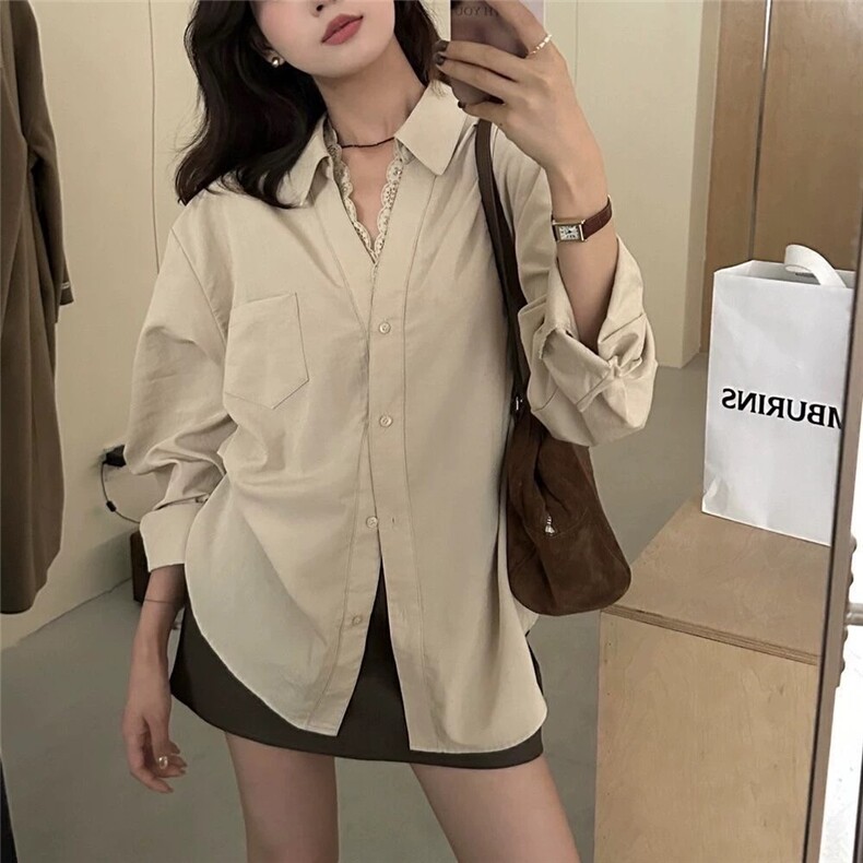 法式女春季百搭设计感领边拼蕾丝衬衣图片