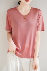 日本进口高级三醋酸T恤女宽松显瘦V领短袖仿真丝气质上衣2025夏，女装衬衫，暖烁羊绒