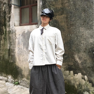 美式潮牌高街复古泡泡纱竖条纹日系肌理长袖衬衫男女休闲宽松衬衣
