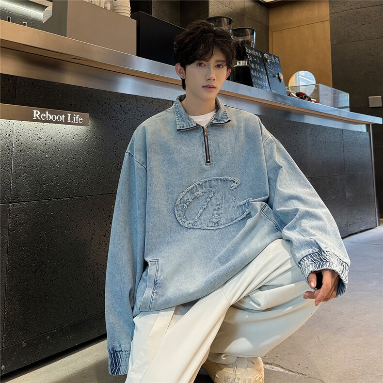 长袖Polo衫男刺绣字母美式复古宽松半拉链卫衣JK02562-P70，男装Polo衫，星座308B-2