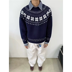 秋季新款复古重磅费尔岛提花圆领针织衫男女宽松情侣休闲打底毛衣，男装T恤，星座506A