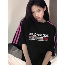抖音得物品质二开240克宽松纯棉美式潮牌印花三条杠中性风短袖T恤，男装T恤，电商A486