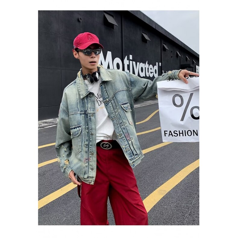 春秋季美式高街机车牛仔外套男款水洗做旧潮牌宽松休闲拉链夹克图片