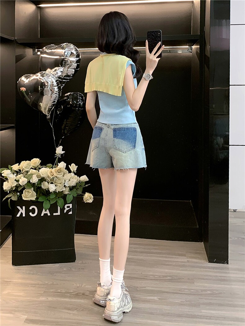 韩系温柔风时尚套装女夏款V领系带披肩假两件上衣牛仔短裤两件套,女装套装/套裙,江南