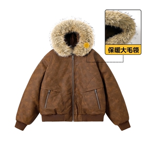 现货 扎染PU皮棉服男冬季加厚连帽棉衣座山雕大毛领外套M090-P120图片