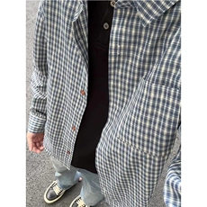 日系复古蓝白格子衬衫男款秋季cleanfit叠穿长袖衬衣美式防晒外套，男装防晒衣，星座715-4