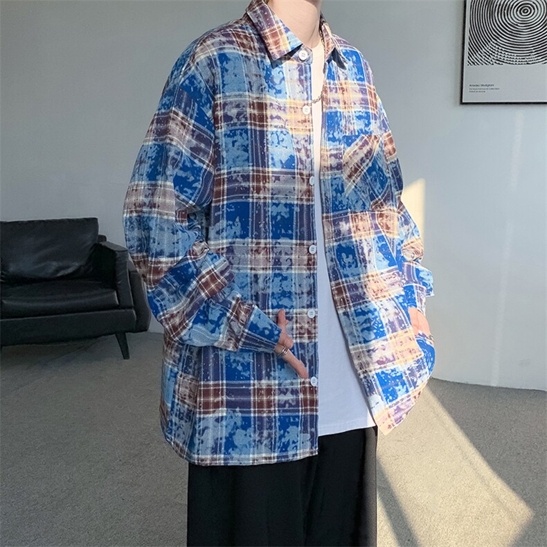 得物二开扎染衬衫A177-CS60-P50格子长袖衬衫,男装衬衫,电商A177