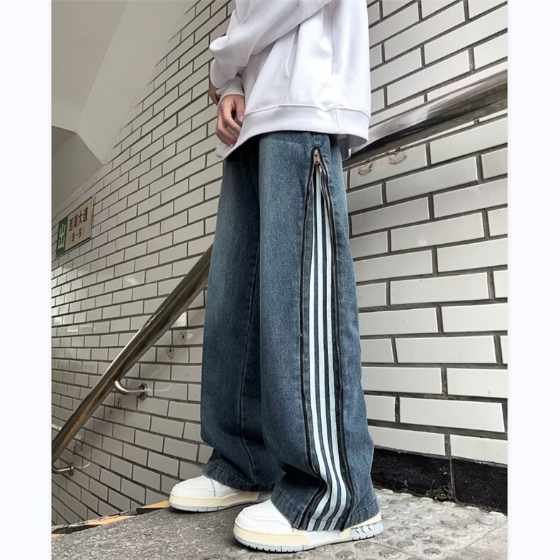 美式高街牛仔裤男韩版潮侧边拉链条纹2024秋冬ins长裤RK1124-P51,男装牛仔裤,星座412-2