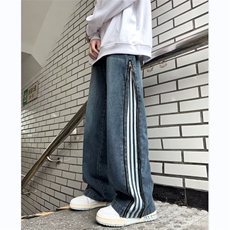 美式高街牛仔裤男韩版潮侧边拉链条纹2024秋冬ins长裤RK1124-P51，男装牛仔裤，星座412-2