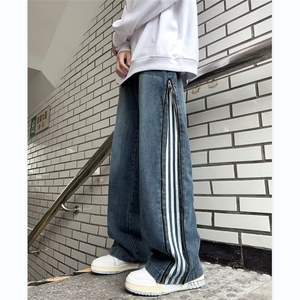 美式高街牛仔裤男韩版潮侧边拉链条纹2024秋冬ins长裤RK1124-P51图片