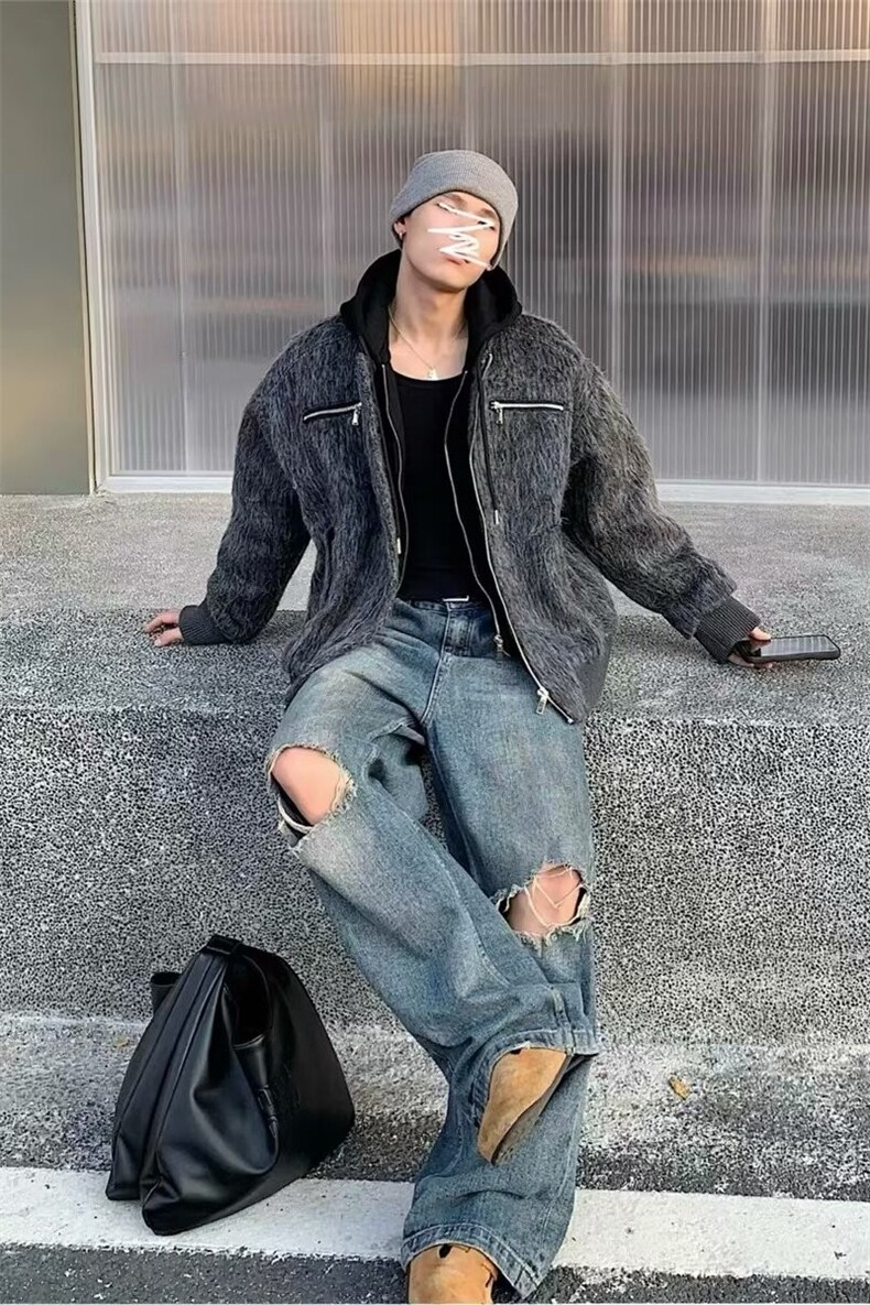濮院毛呢外套男高级感连帽假两件上衣美式复古呢子夹克LF985P115,男装夹克,电商D256-2(原A064-2)
