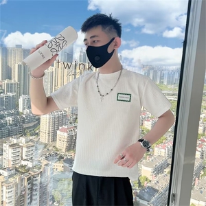 华夫格T恤男短袖潮牌痞帅夏季半袖男装2023休闲体恤上衣 T220图片