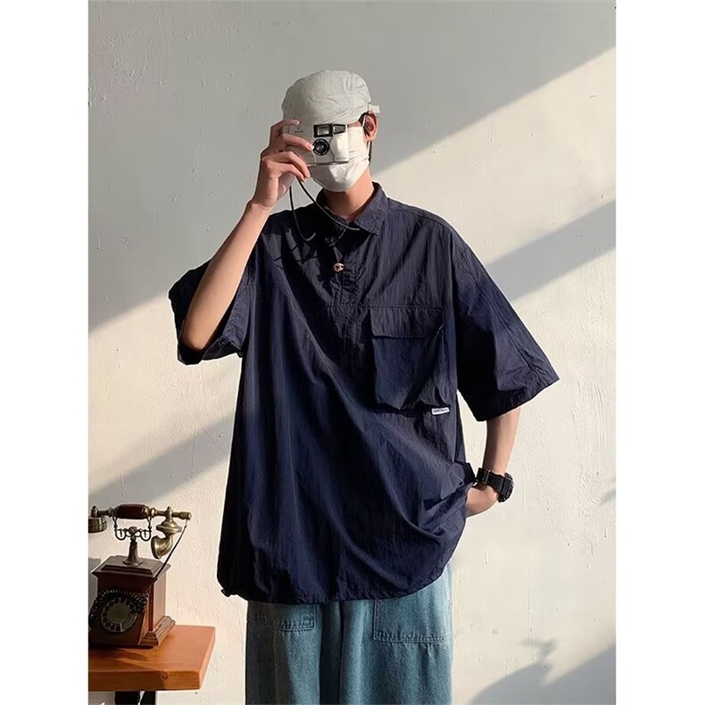 日系polo衫男短袖美式复古衬衫工装机能外套夏季衬衣S8600-p38,男装T恤,星座1008-1