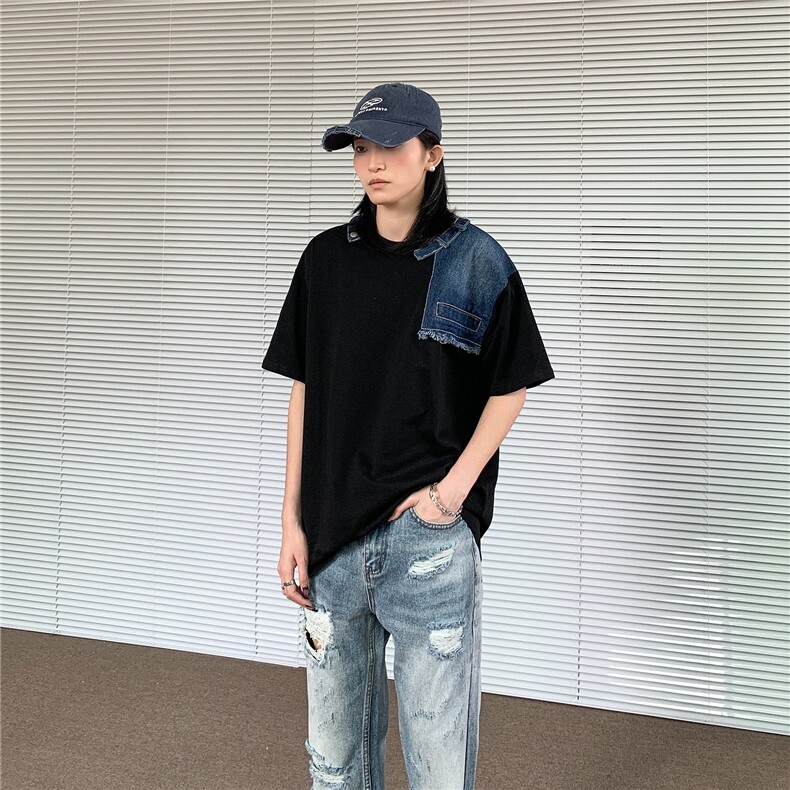 美式潮牌帅气牛仔拼接重磅短袖拼色设计小众半袖宽松休闲t恤上衣,男装T恤,星座506A