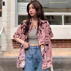 流行痞帅路飞涂鸦短袖衬衫男女夏季新款潮流百搭情侣衬衣A172-P26，男装T恤，星座208-5