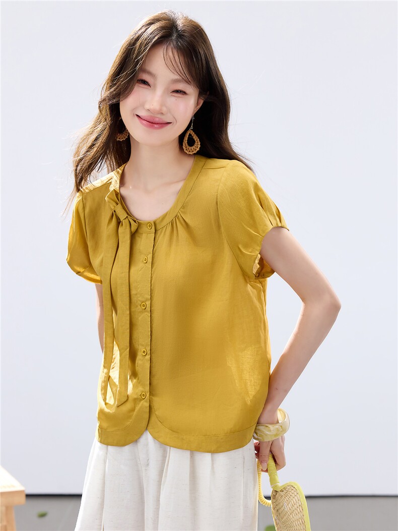 2026年夏季蝴蝶结领口纯色短袖宽松苎麻棉小衫上衣,女装衬衫,简韵佳