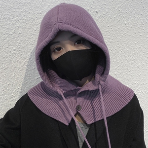 针织连帽脖套女秋冬季加绒加厚骑车防风护颈帽子图片