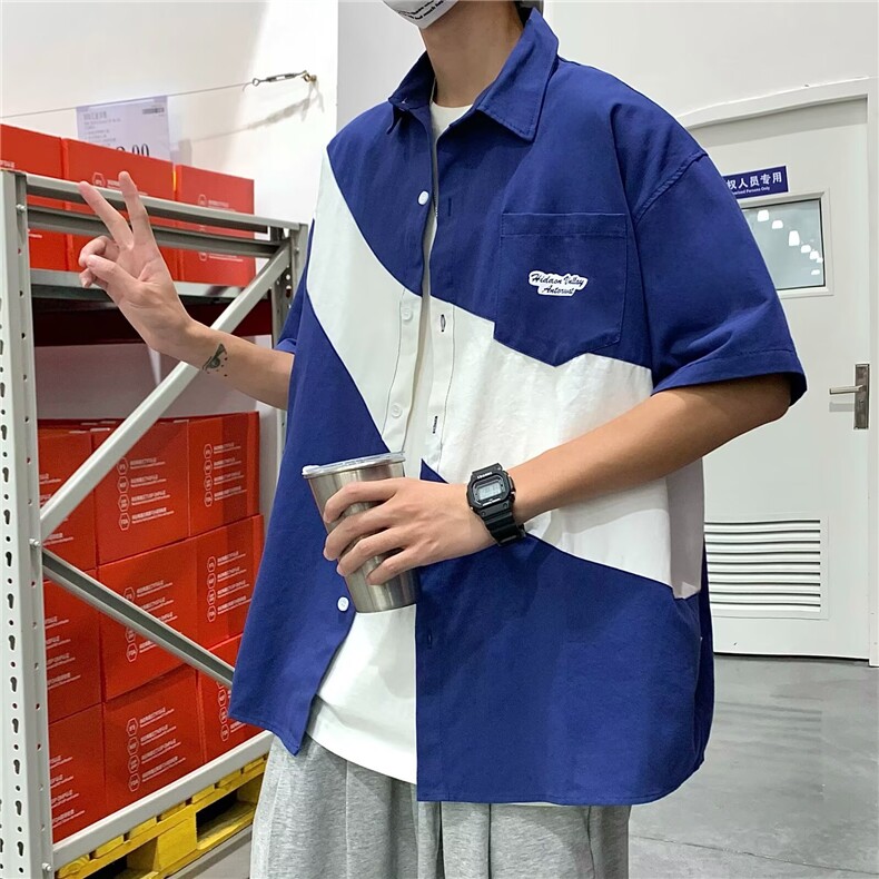 简约拼色短袖衬衫男生夏季宽松休闲潮流拼接半袖上衣CS4028,男装T恤,星座516A